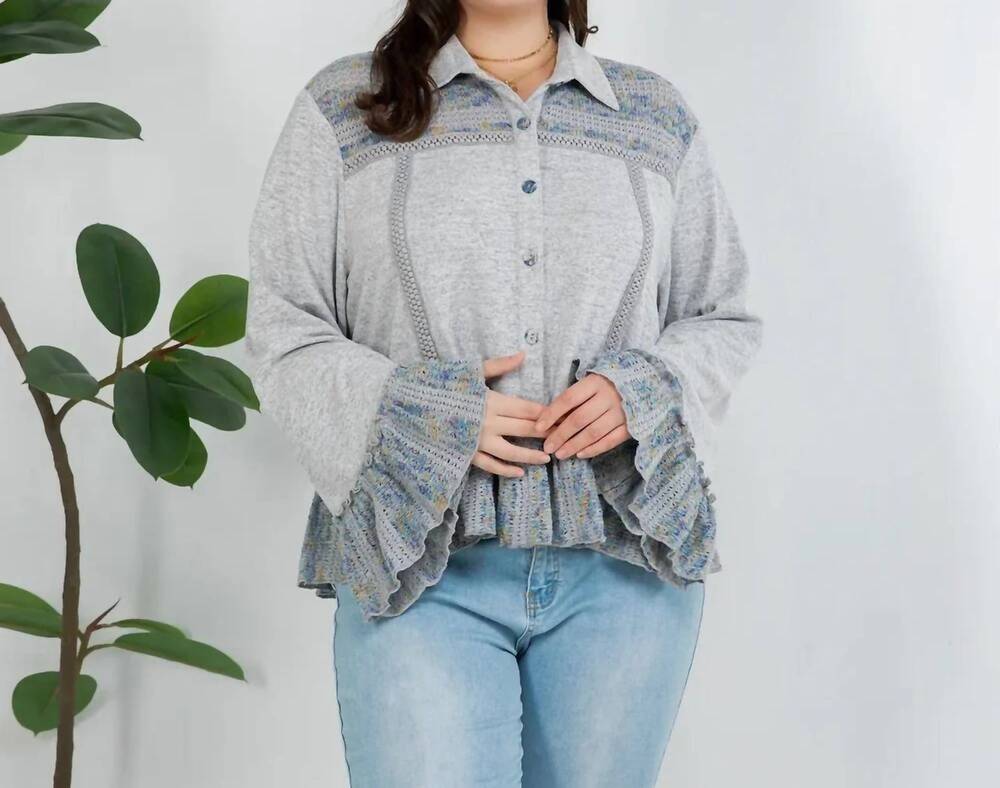 NEW YOUNG THREADS crochet frill knit top in grey